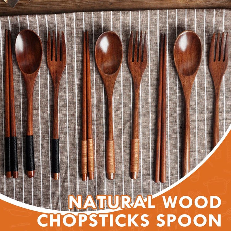3-Piece Korean Style Wooden Dinnerware Set, Creative Colorful Wooden Spoon Set, Solid Wood Long-Handled Couple Spoons and Chopsticks, Portable Dinnerware - Image 3