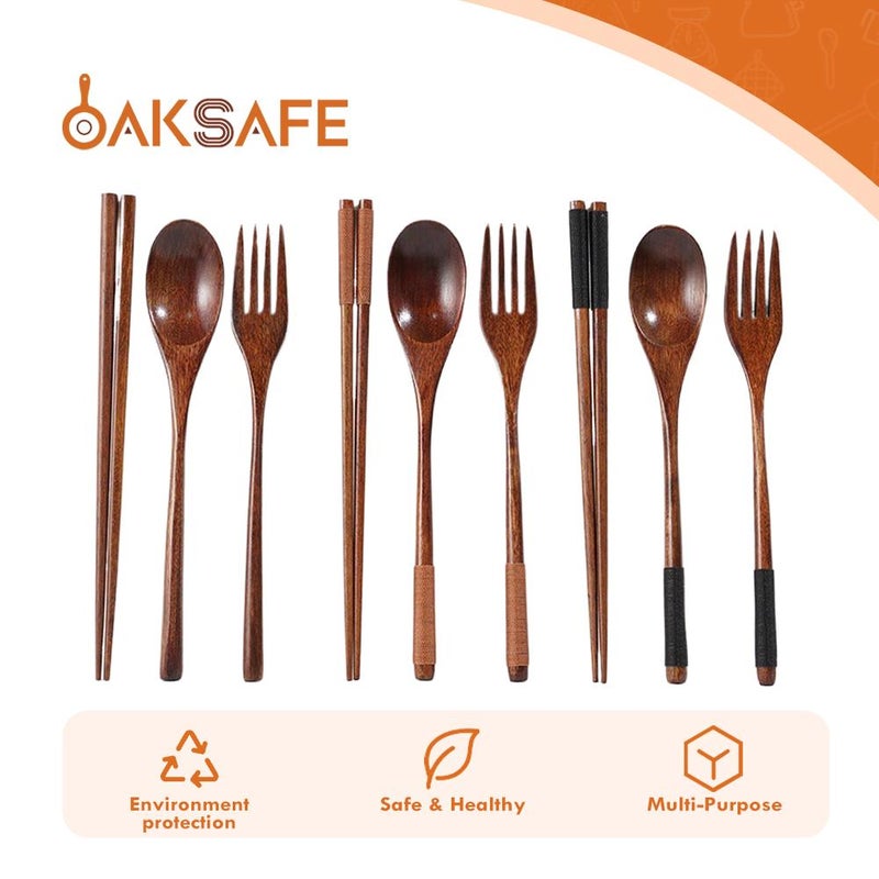3-Piece Korean Style Wooden Dinnerware Set, Creative Colorful Wooden Spoon Set, Solid Wood Long-Handled Couple Spoons and Chopsticks, Portable Dinnerware - Image 2