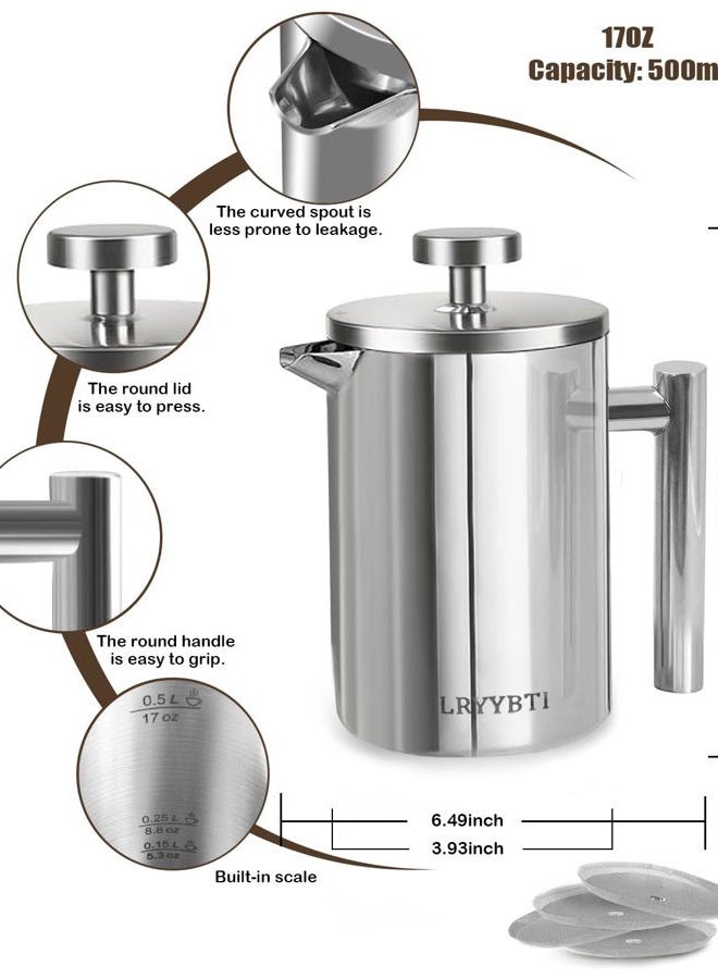 LRYYBTI French Press Coffee Maker, Stainless Steel Coffee Press with scale lines (Silver, 17 OZ) - Image 2