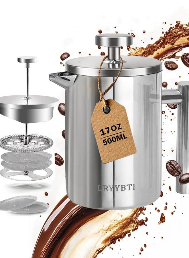 LRYYBTI French Press Coffee Maker, Stainless Steel Coffee Press with scale lines (Silver, 17 OZ) - Image 1