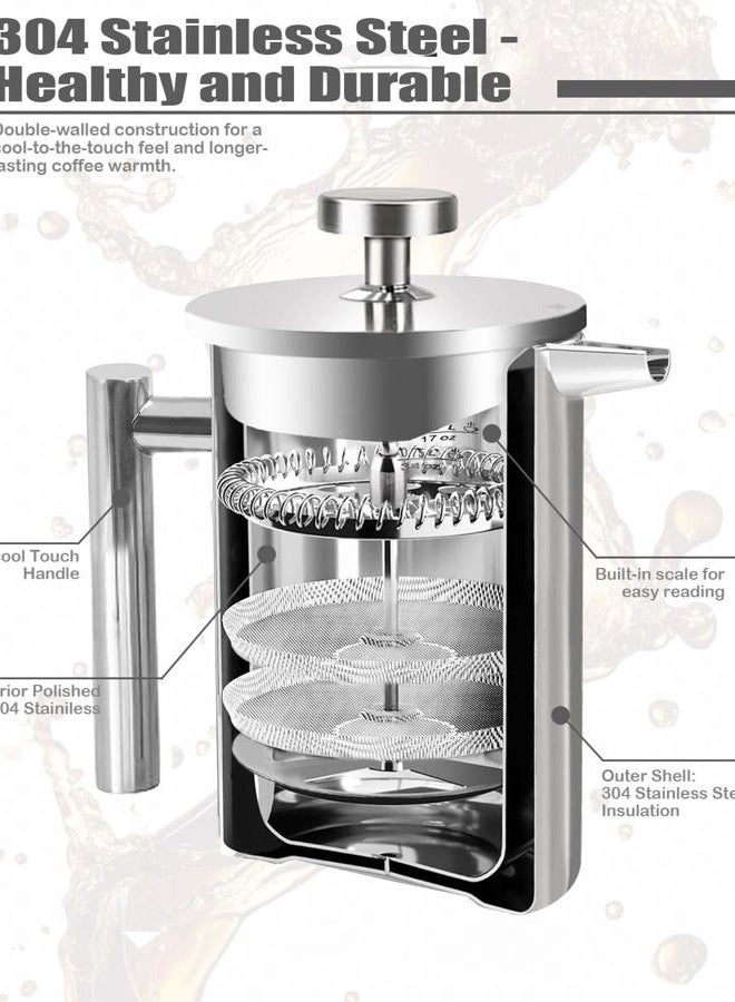 LRYYBTI French Press Coffee Maker, Stainless Steel Coffee Press with scale lines (Silver, 17 OZ) - Image 4