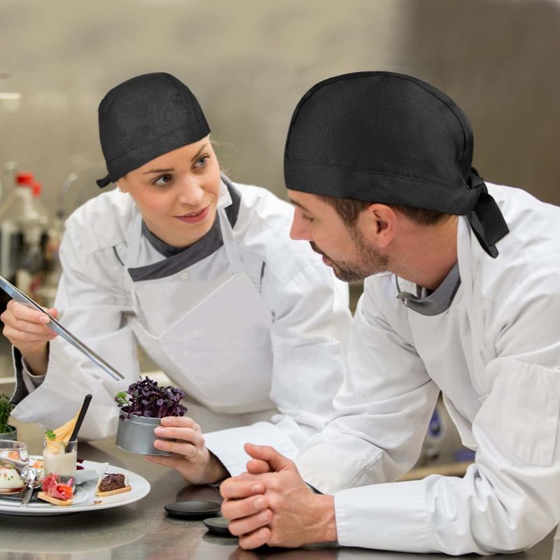 Unisex Adjustable Chef Hat Breathable Catering Work Hat Restaurant Chef Hair Cap Black 4PC - Image 4