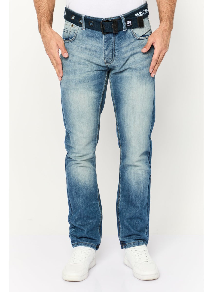 CROSSHATCH Men Straight Fit Washed No Stretch Denim With Belt, Dark Blue  - Image 1