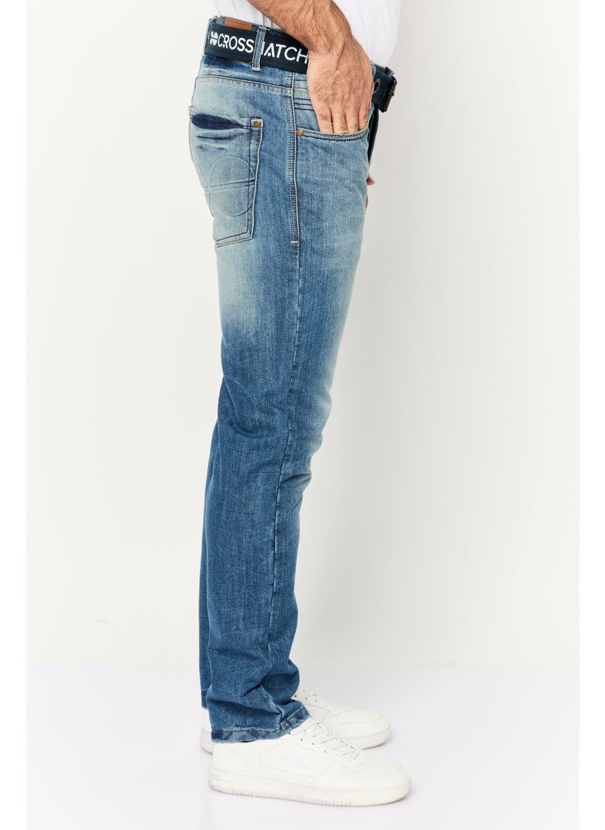 CROSSHATCH Men Straight Fit Washed No Stretch Denim With Belt, Dark Blue  - Image 3