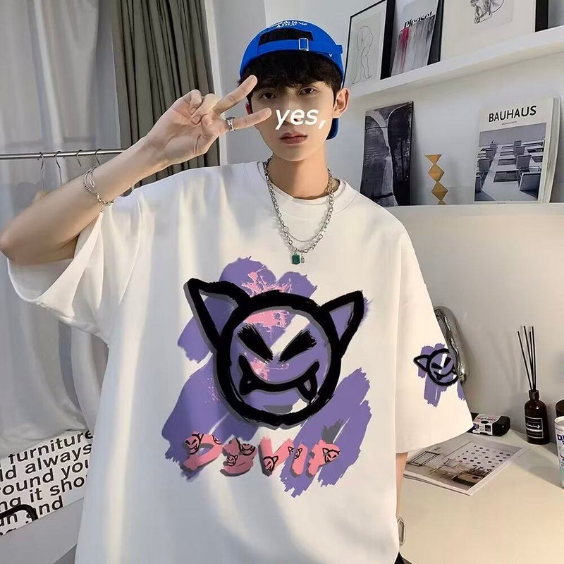Fattened plus size pure cotton short-sleeved t-shirt men's summer Hong Kong style heavy loose half-sleeved cartoon printed top trendy - Image 3