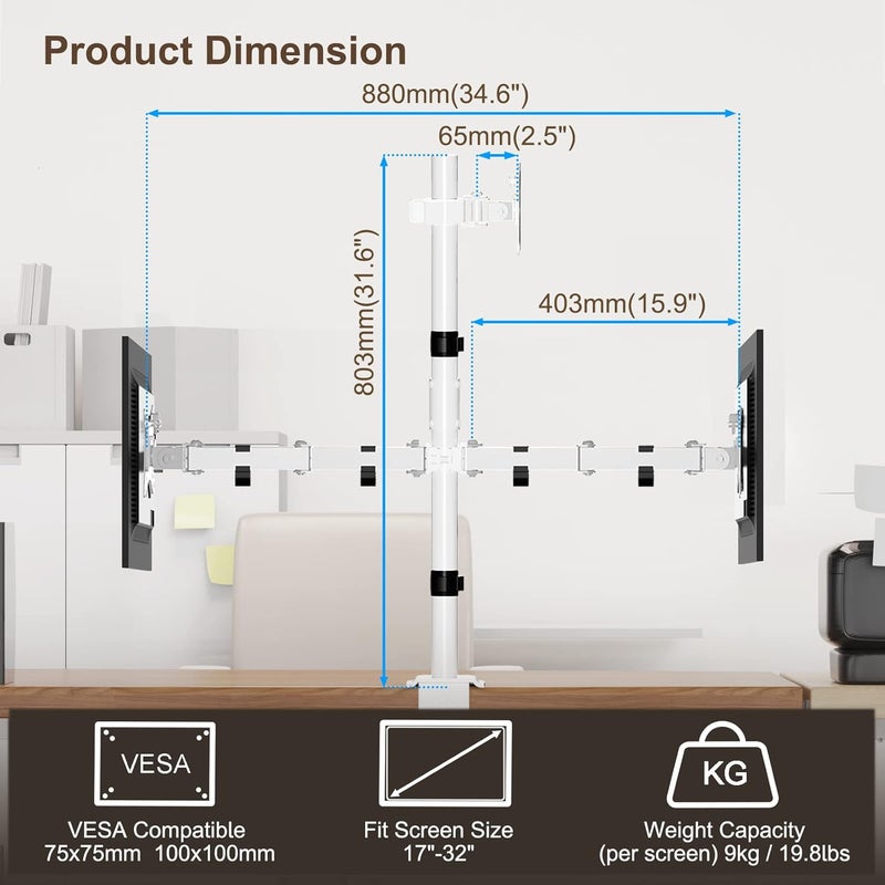 PUTORSEN Triple Monitor Arm, 30.5 inch Tall pole Triple Monitor Stand for Max 3 x 32" Screens, Support Max 9 KG Per Screen, Clamp/Grommet, VESA 75x75/100x100, White - Image 3