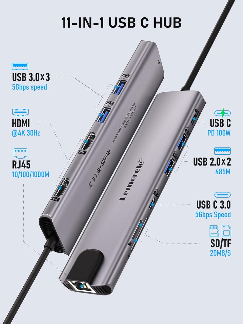Lemorele Aluminum Docking Station USB-C Hub with 2 HDMI, Gigabit Ethernet, 4 USB A, USB-C 3.0, PD 100W, SD/TF, 1000Mbps RJ45 LAN Dock Adapter for MacBook Docking Station Laptop, Supports 2 Monitor - Image 3