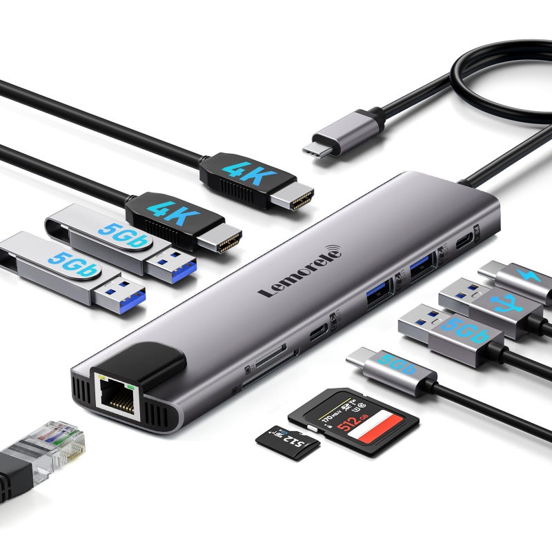 Lemorele Aluminum Docking Station USB-C Hub with 2 HDMI, Gigabit Ethernet, 4 USB A, USB-C 3.0, PD 100W, SD/TF, 1000Mbps RJ45 LAN Dock Adapter for MacBook Docking Station Laptop, Supports 2 Monitor - Image 1