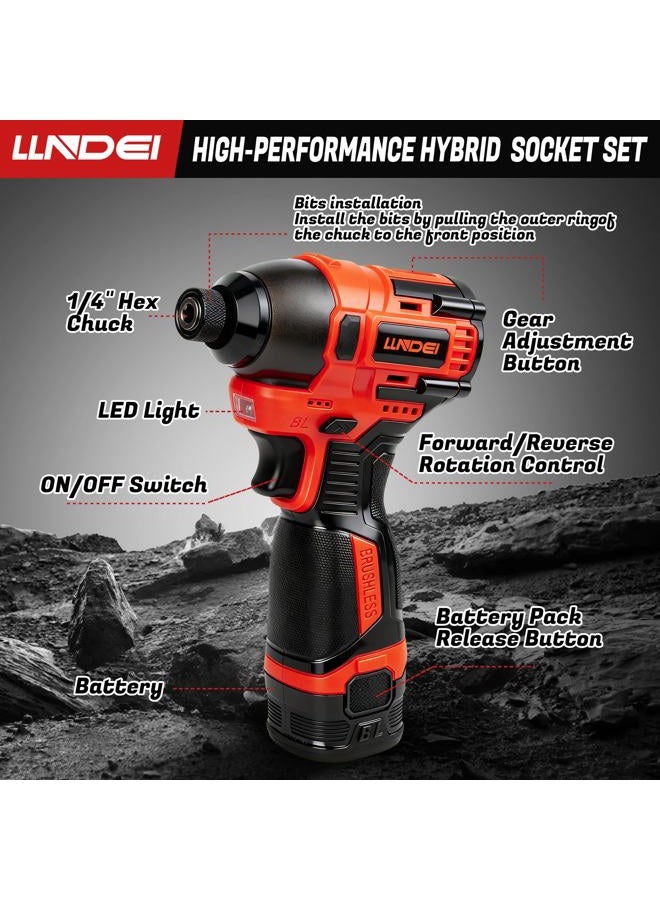 LLNDEI 16V Compact Brushless Power Drill Set, 108 PCS 140N. m, 1/4" Drive Socket Set & Nut Driver Set, including 2.0Ah Battery, Charger and 1/4-inch Keyless Chuck - Image 3