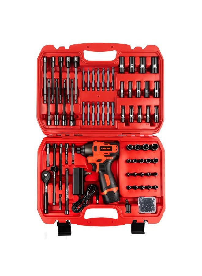 LLNDEI 16V Compact Brushless Power Drill Set, 108 PCS 140N. m, 1/4" Drive Socket Set & Nut Driver Set, including 2.0Ah Battery, Charger and 1/4-inch Keyless Chuck - Image 1