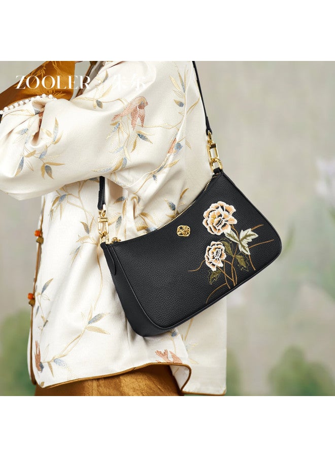 Zooler Women's Handbag, 2025 Chinese Style Embroidered Underarm Bag, Shoulder Crossbody Bag, Cowhide Ladies' Purse, New Year Gift - Image 1