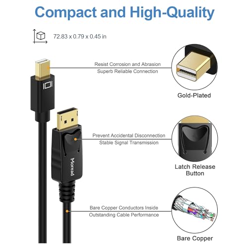 Moread Mini DisplayPort to DP Cable, 6 Feet, Gold-Plated - 4K@60Hz, 2K@144Hz - Black - Image 3