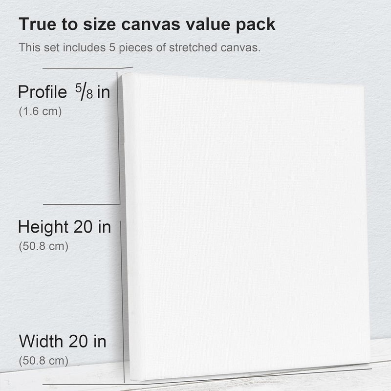 Phoenix Large Stretched Canvas for Painting 20x20 Inch/5 Value Pack, 8 Oz Triple Primed 5/8 Inch Profile 100% Cotton White Blank Canvas, Square Framed Canvas for Oil Acrylic & Pouring Art - Image 3