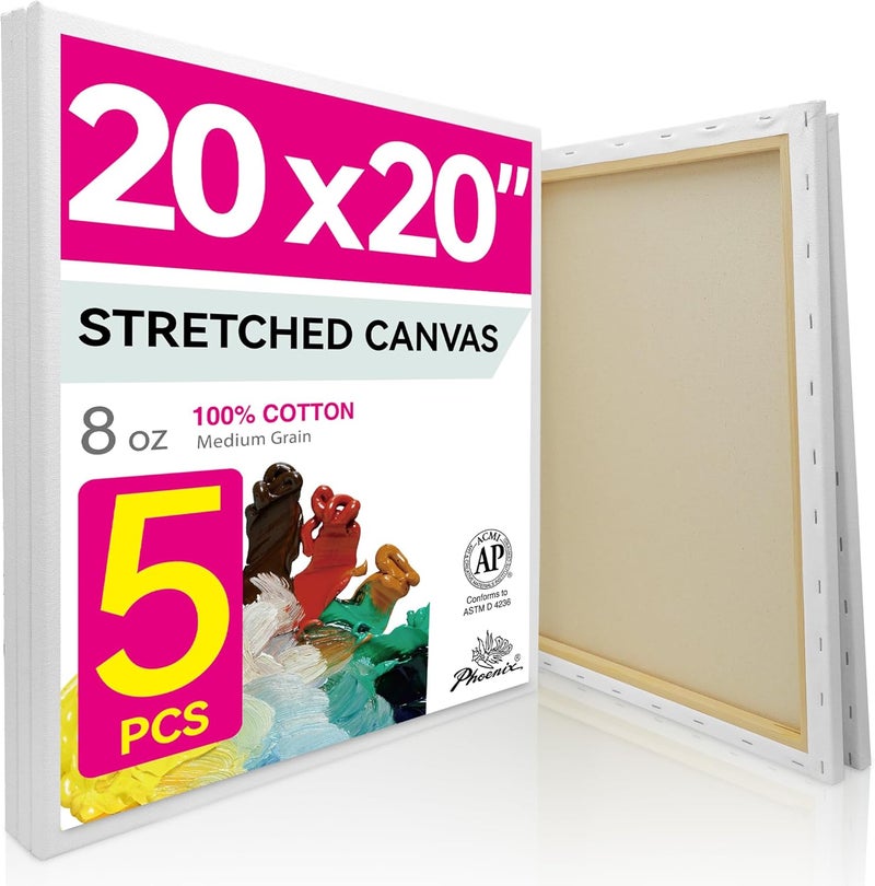 Phoenix Large Stretched Canvas for Painting 20x20 Inch/5 Value Pack, 8 Oz Triple Primed 5/8 Inch Profile 100% Cotton White Blank Canvas, Square Framed Canvas for Oil Acrylic & Pouring Art - Image 1