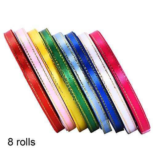 Shappy 8 Rolls 1/4 Inch by 25 Yard Satin Ribbon Double Face Fabric Ribbon with Golden Edges, 8 Colors - Image 2