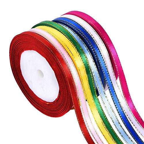 Shappy 8 Rolls 1/4 Inch by 25 Yard Satin Ribbon Double Face Fabric Ribbon with Golden Edges, 8 Colors - Image 1