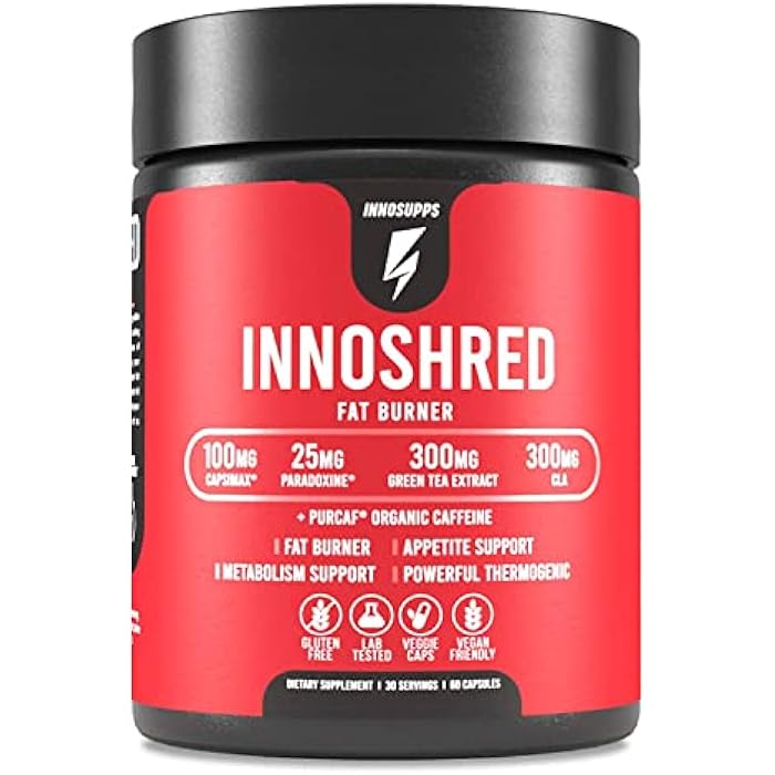 Inno Shred Fat Burner for Men and Women with 100mg Capsimax, Grains of Paradise, Organic Caffeine, Green Tea Extract, Appetite Suppressant, Weight Loss (60 Veggie Capsules) | (with Stimulant)