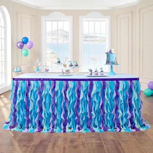 leegleri 9FT108inch Mermaid Curly Willow Tulle Ruffle Table Skirt Rectangle Tables or Round Tables Blue Tutu Table Skirt for Baby Shower Baby Shark Birthday Party
