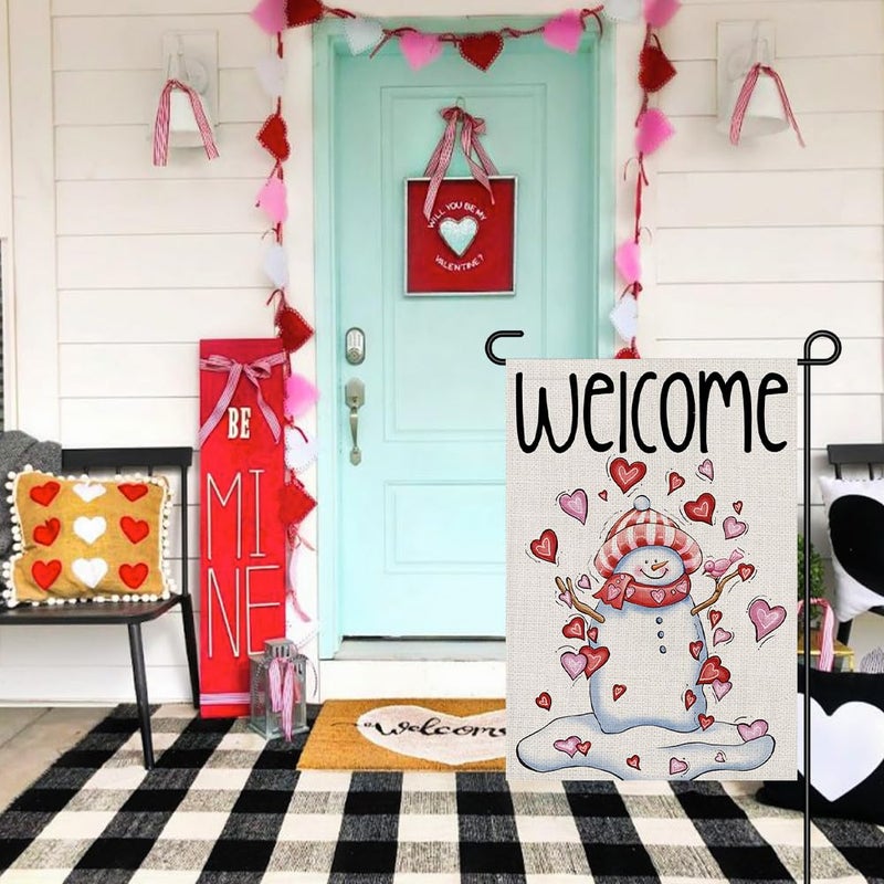 Decorhua Snowman Love Heart Welcome Garden Flags Burlap 12x18 Inch Double Sided Outside, Valentine's Day Decoration Holiday Yard Sign DF413 - Image 5