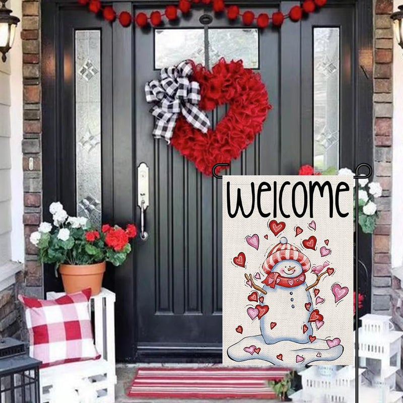 Decorhua Snowman Love Heart Welcome Garden Flags Burlap 12x18 Inch Double Sided Outside, Valentine's Day Decoration Holiday Yard Sign DF413 - Image 2