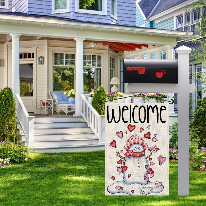 Decorhua Snowman Love Heart Welcome Garden Flags Burlap 12x18 Inch Double Sided Outside, Valentine's Day Decoration Holiday Yard Sign DF413 - Image 3