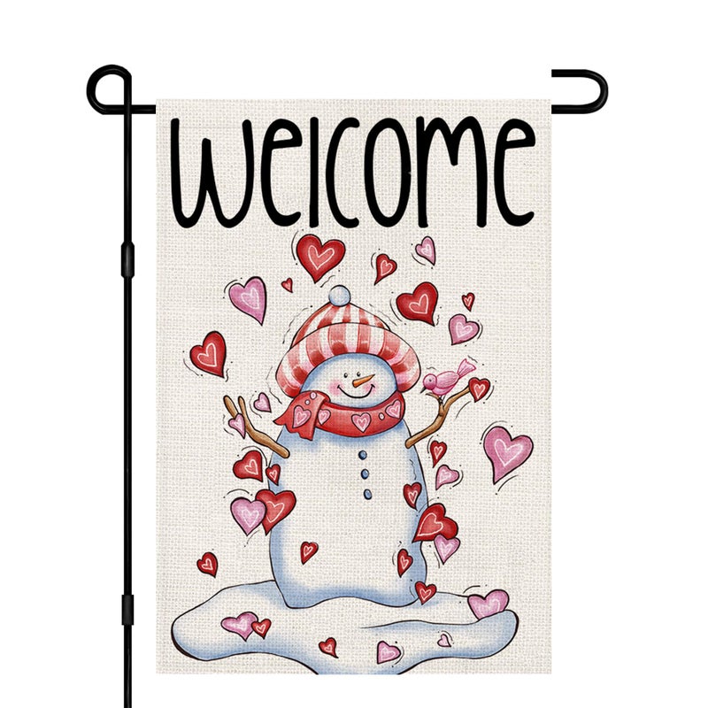 Decorhua Snowman Love Heart Welcome Garden Flags Burlap 12x18 Inch Double Sided Outside, Valentine's Day Decoration Holiday Yard Sign DF413 - Image 1
