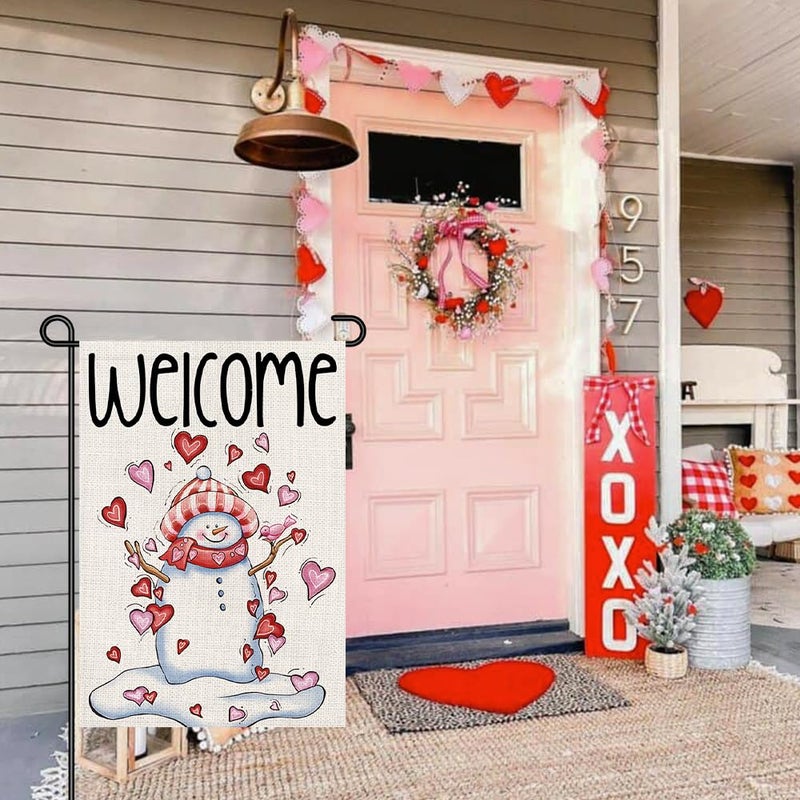 Decorhua Snowman Love Heart Welcome Garden Flags Burlap 12x18 Inch Double Sided Outside, Valentine's Day Decoration Holiday Yard Sign DF413 - Image 4