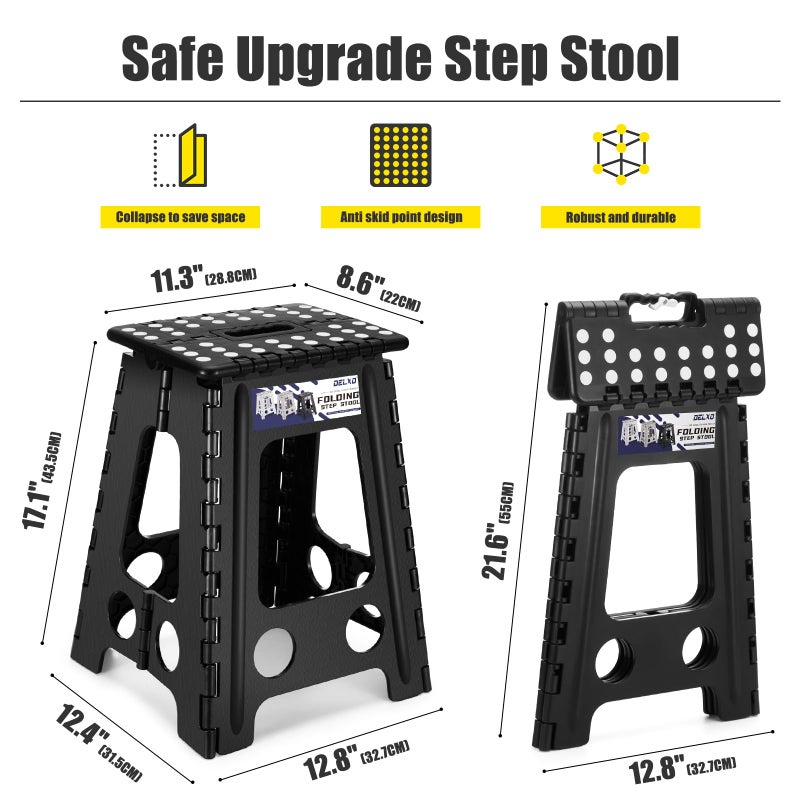 Delxo 17.5 Inch Folding Step Stool,Foldable Stool for Adults with Safety Lock,Portable Collapsible Plastic Step Stool,Non Slip Folding Stools for Kitchen Bathroom Bedroom Up to 400LBS,(Black 1PC) - Image 2