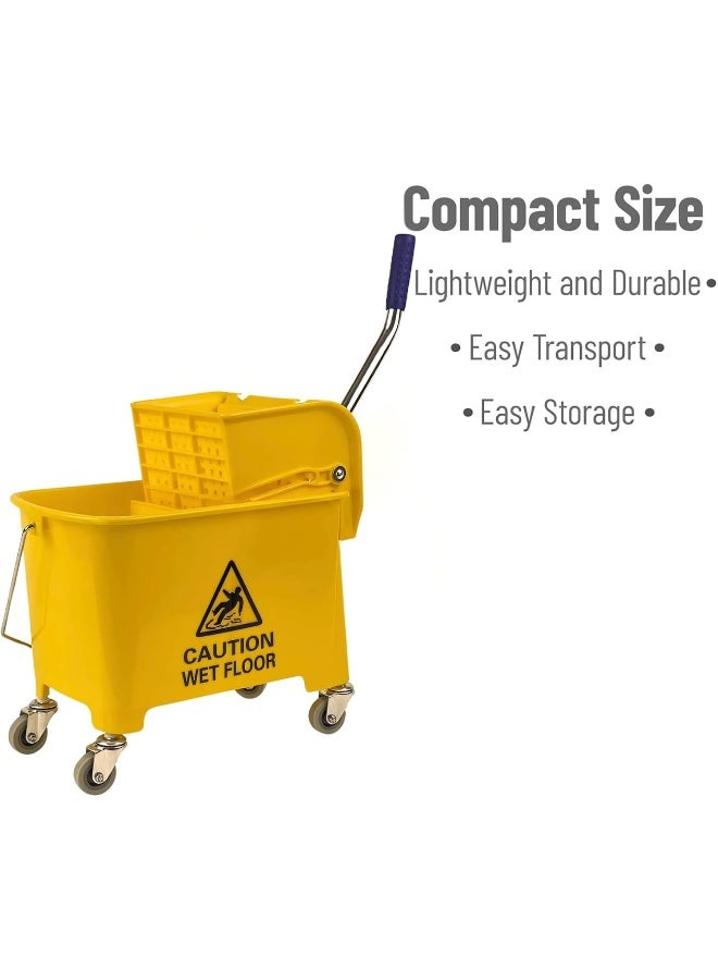 AKC 20 Liter Yellow Mop Bucket with Wringer - Heavy-Duty Cleaning Trolley with Wheels, Handle & Caution Wet Floor Sign - Drainable Commercial Mop Pail for Kitchen, Office & Facility Cleaning - Image 2