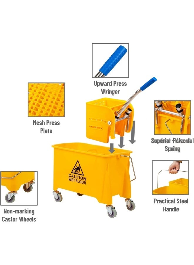 AKC 20 Liter Yellow Mop Bucket with Wringer - Heavy-Duty Cleaning Trolley with Wheels, Handle & Caution Wet Floor Sign - Drainable Commercial Mop Pail for Kitchen, Office & Facility Cleaning - Image 5