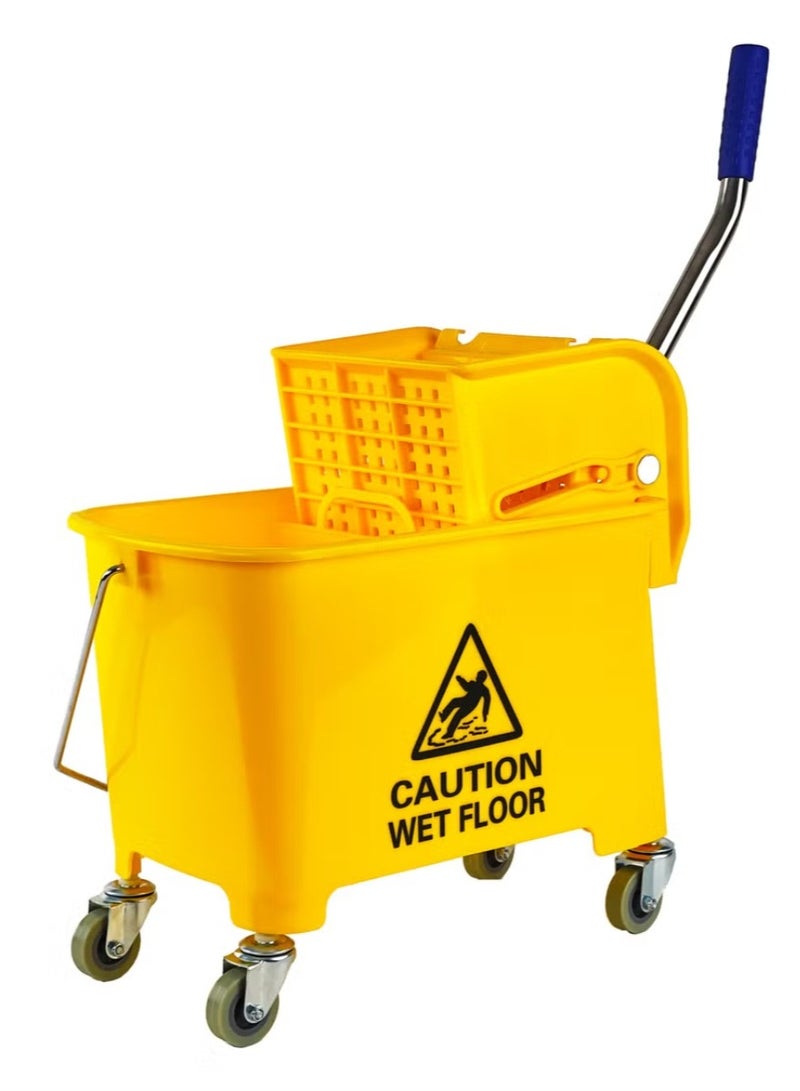 AKC 20 Liter Yellow Mop Bucket with Wringer - Heavy-Duty Cleaning Trolley with Wheels, Handle & Caution Wet Floor Sign - Drainable Commercial Mop Pail for Kitchen, Office & Facility Cleaning - Image 1