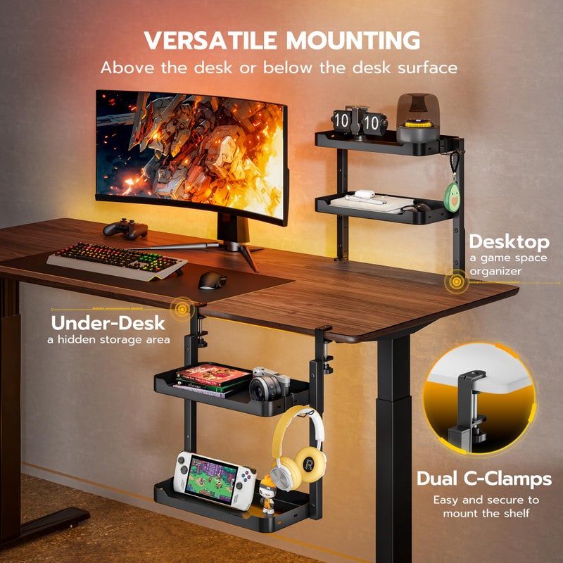ARES WING 2-Tier Clamp On Desk Shelf, 16 inch Adjustable Above or Under Desk Storage Shelves Holds 66 lbs, Heavy Duty Desktop Organizer with Headphone Holder for Working and Gaming Accessories, Black - Image 4
