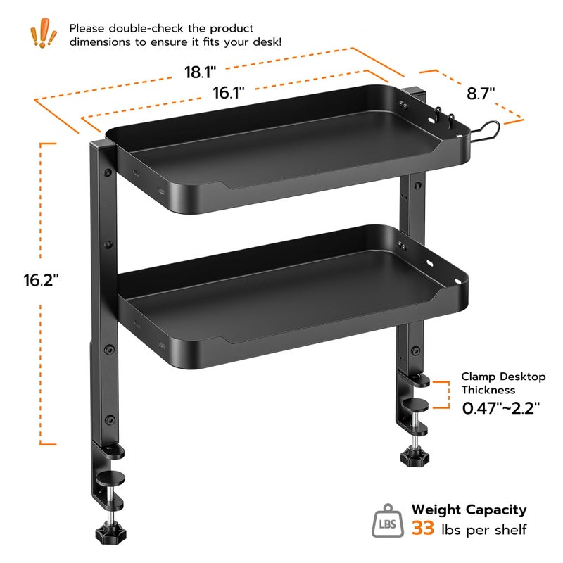 ARES WING 2-Tier Clamp On Desk Shelf, 16 inch Adjustable Above or Under Desk Storage Shelves Holds 66 lbs, Heavy Duty Desktop Organizer with Headphone Holder for Working and Gaming Accessories, Black - Image 2