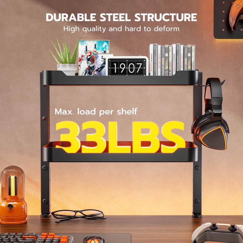 ARES WING 2-Tier Clamp On Desk Shelf, 16 inch Adjustable Above or Under Desk Storage Shelves Holds 66 lbs, Heavy Duty Desktop Organizer with Headphone Holder for Working and Gaming Accessories, Black - Image 3