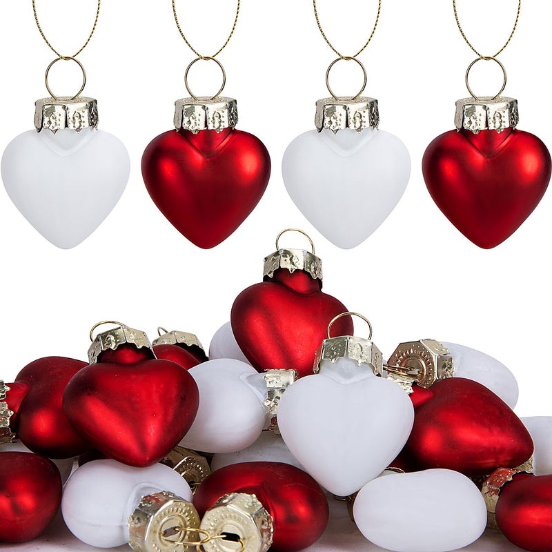 Watayo 24 Pcs Valentine's Day Heart Shaped Ornaments - 1 Inch Mini Glass Hanging Christmas Baubles - Red White Tree Decorations for Valentine's Day, Wedding, Christmas - Image 1