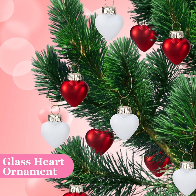 Watayo 24 Pcs Valentine's Day Heart Shaped Ornaments - 1 Inch Mini Glass Hanging Christmas Baubles - Red White Tree Decorations for Valentine's Day, Wedding, Christmas - Image 4