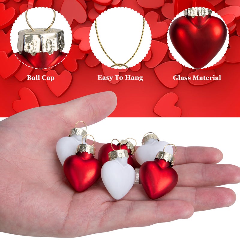 Watayo 24 Pcs Valentine's Day Heart Shaped Ornaments - 1 Inch Mini Glass Hanging Christmas Baubles - Red White Tree Decorations for Valentine's Day, Wedding, Christmas - Image 3