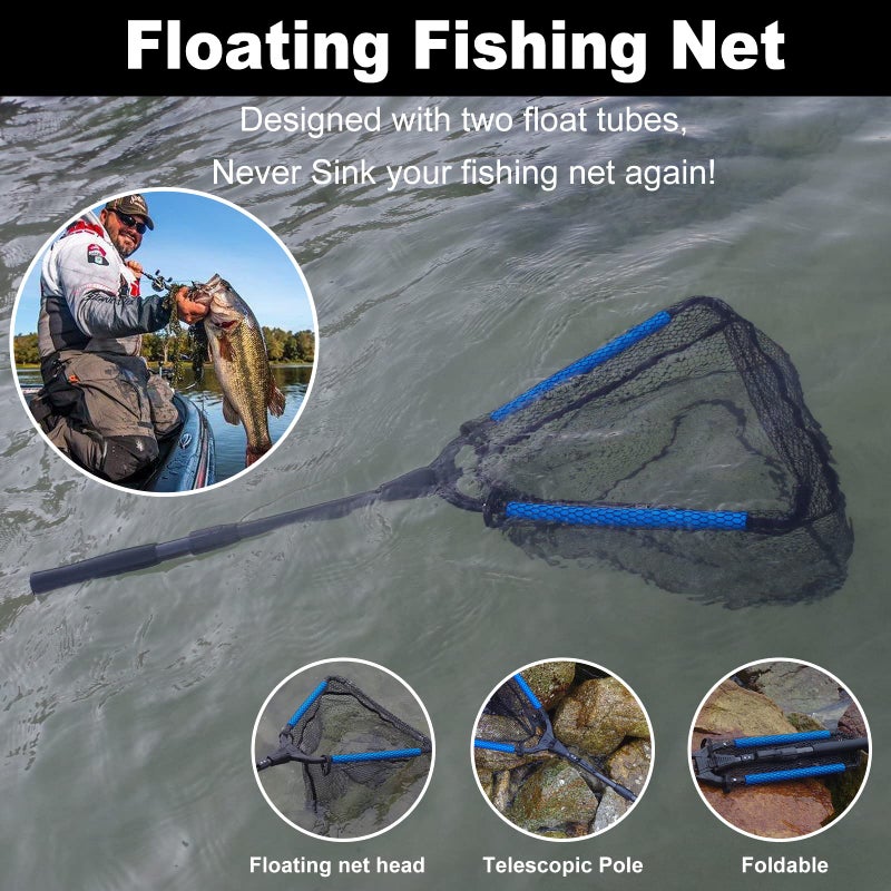PLUSINNO Floating Fishing Net for Fly, Kayak, Catfish, Bass,Steelhead, Salmon, Trout Fishing, Portable Foldable Collapsible Telescopic Fish Landing Net, Fishing Gifts for Men Dad Grandpa - Image 2