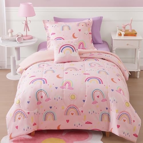 Kaleido Space Glow in The Dark Twin Size Comforter Set for Girls Pink Rainbow Bedding Set for Kids 1 Comforter 1 Decor Pillow 1 Pillow Sham - Image 1