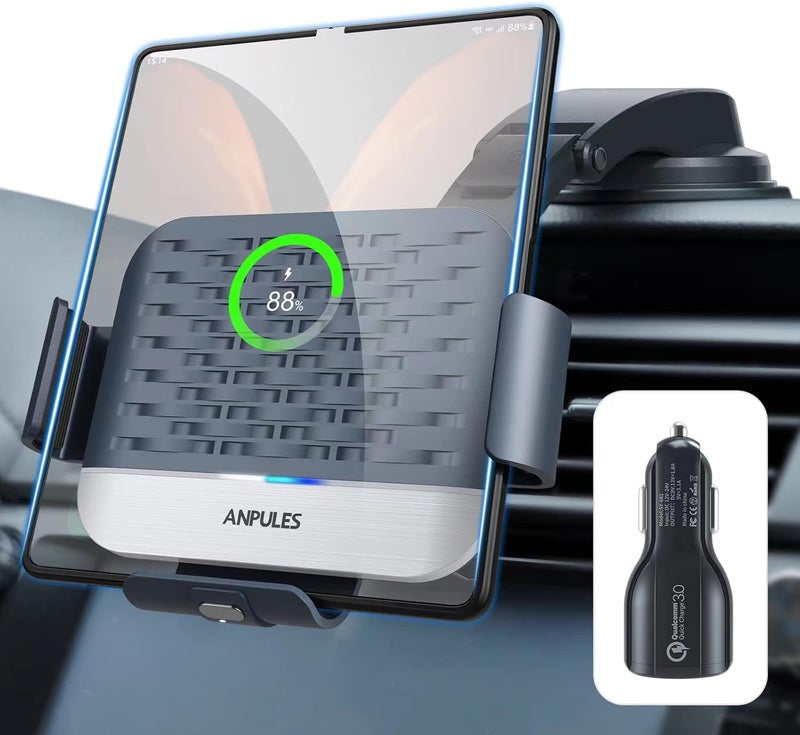شاحن سيارة لاسلكي لـ Samsung Galaxy Z Fold 4/3/2، [ملفان مزدوجان] حامل هاتف سريع الشحن للسيارة بمناسبة عيد الميلاد، حامل هاتف سيارة مع مشبك تلقائي للتهوية ولوحة القيادة لـ Galaxy Z Fold/Note - Image 1