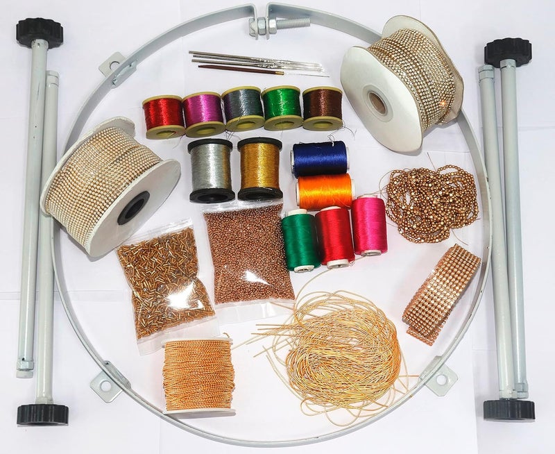 VRADAH 25Items Aari Work kit with 16Inch AariMaggamTambour Work Stand with Bush with 16inch Wooden FrameHoop and 25items Embroidery Materials Combo kit Beginners Kit