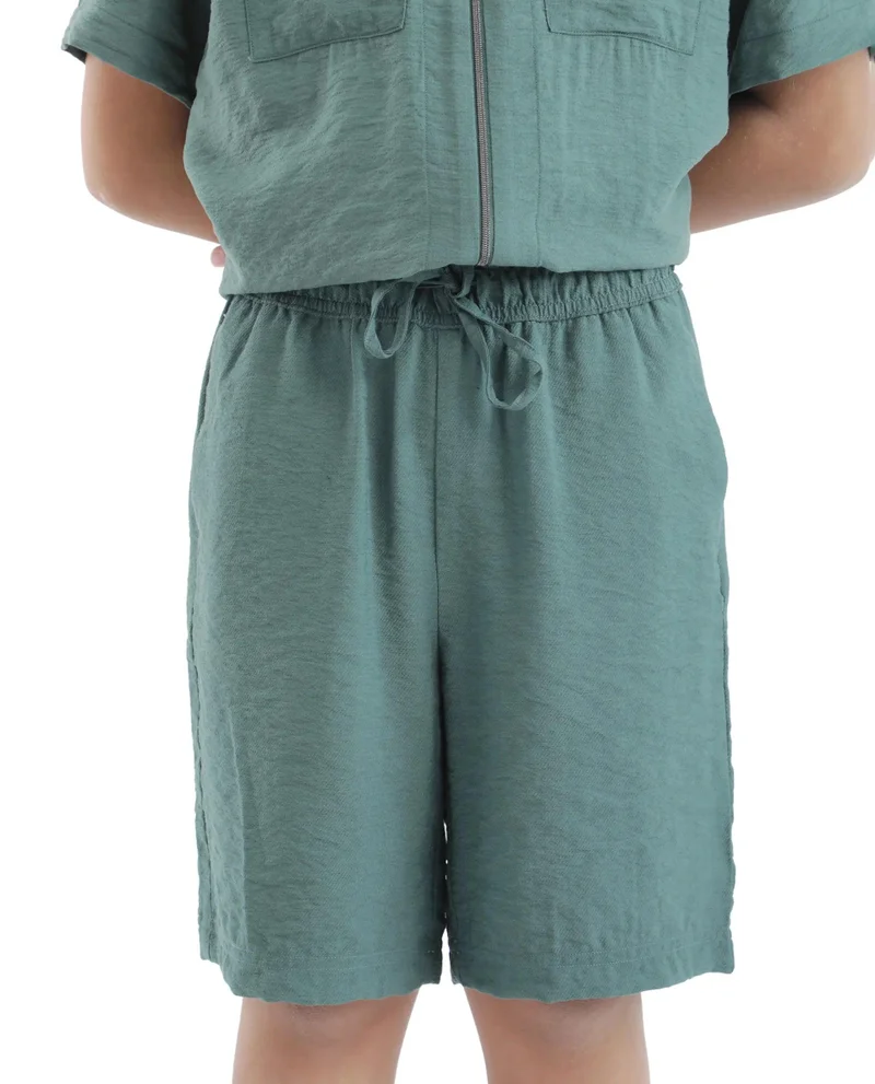 رير ونز Rare Ones Kids Cosd Green Viscose Fabric Drawstring Closure Solid Shorts