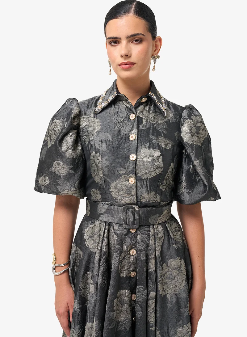 Threadz by Ajooni  Puff Sleeve Printed Maxi Dress for Women | Best Price UAE