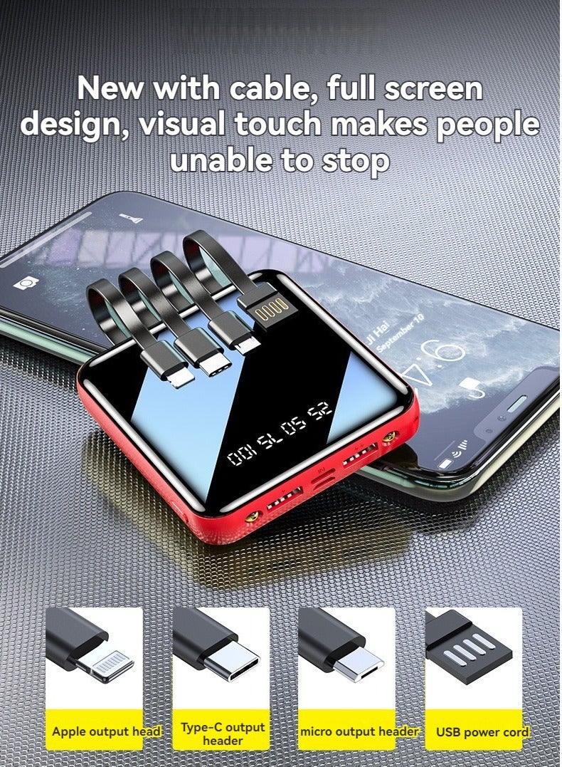 Mirror digital display power bank with charging cable 20000mAh large capacity fast charging mini portable power bank (red)  - Image 2