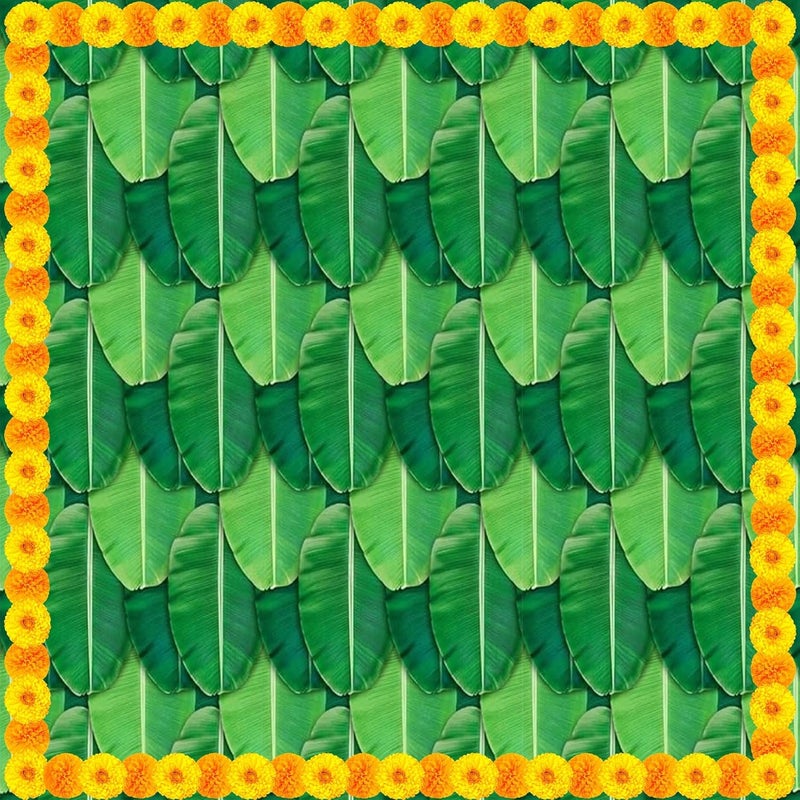 Backdropon Banana Leaf Background with Flower's Border Design Backdrop Cloth for Pooja Decoration Traditional Background Curtain Cloth for Festival Size 5 Feet Height and 5 Feet Width(5 * 5) - Image 1