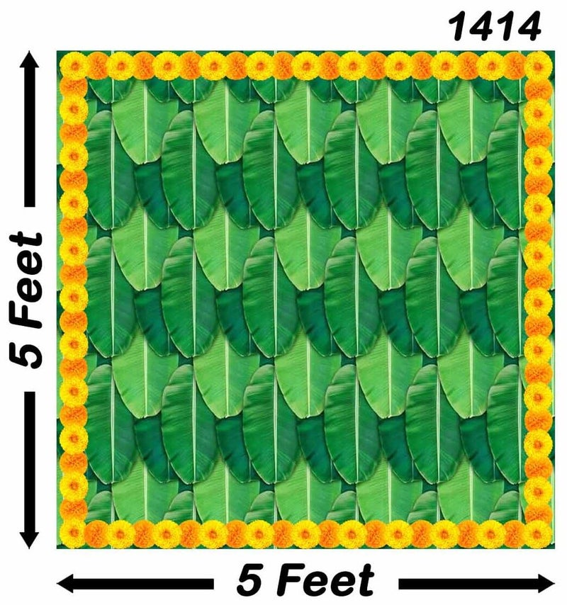 Backdropon Banana Leaf Background with Flower's Border Design Backdrop Cloth for Pooja Decoration Traditional Background Curtain Cloth for Festival Size 5 Feet Height and 5 Feet Width(5 * 5) - Image 2