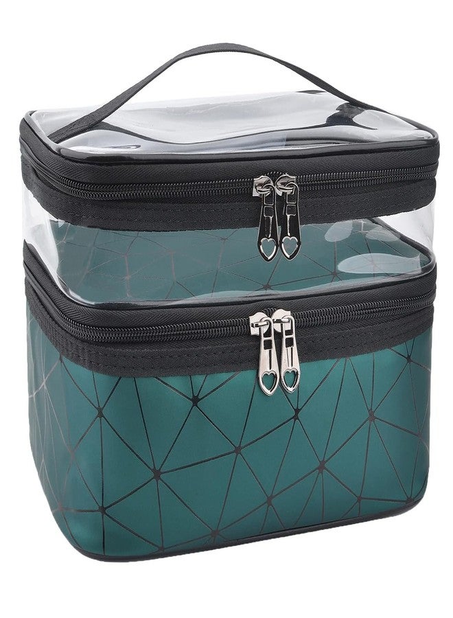 NETXE Make up Organiser for Women, Double Layer 16 Cms Cosmetic Bag Organizer Makeup Pouch for Women Travel Cosmetics Case Toiletry Bags for Girls (Dark Green.) - Image 1