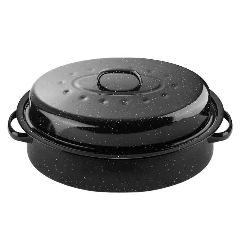 DIMESHY DIMESHY 16Inch Roasting Pan Enamel on Steel Black Covered Oval Roaster Pan with Lid Medium Cookware for Turkey Small Chicken Roast Baking Pan 