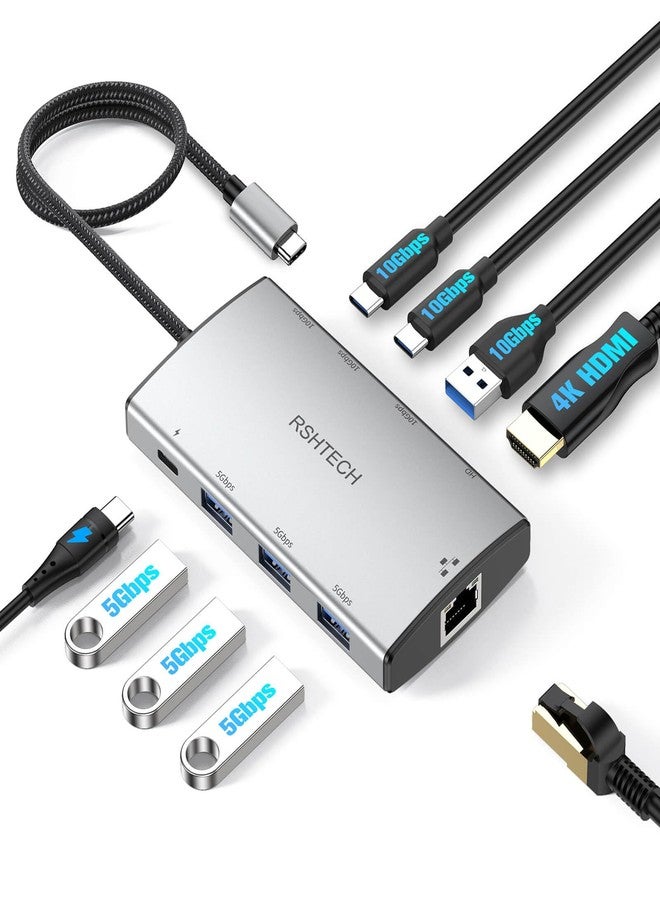 RSHTECH 9-in-1 USB C Hub Multiport Adapter with 4K HDMI, 10Gbps USB-A & 2 USB-C Ports, 3 USB-A 5Gbps Data Ports, 100W PD, Gigabit Ethernet, Aluminum USB C Dongle for MacBook, Laptops and More - Image 1