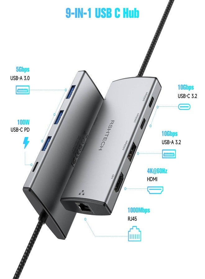 RSHTECH 9-in-1 USB C Hub Multiport Adapter with 4K HDMI, 10Gbps USB-A & 2 USB-C Ports, 3 USB-A 5Gbps Data Ports, 100W PD, Gigabit Ethernet, Aluminum USB C Dongle for MacBook, Laptops and More - Image 2